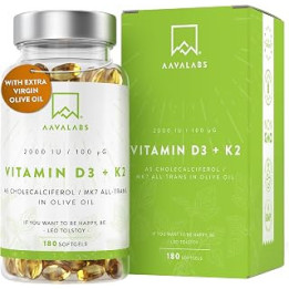 Vitamin D3 K2 with Virgin Olive Oil (2,000 IU Vitamin D with K2 Vitamin 100 μg - 180 High Strength Vitamin K2 MK7 and Vitamin D
