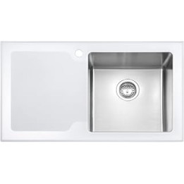 JASSFERRY White Glass Top Kitchen Sink Stainless Steel Single Bowl Left Hand Drainer Frosted Drainboard, 860 x 500 mm