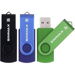 SIMMAX USB Flash Drives 3 Pack 16GB Memory Stick Swivel Design USB 2.0 Flash Drive Thumb Drive Zip Drives (16GB Black Blue