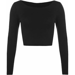 Womens Crop Long Sleeve T Shirt Ladies Short Plain Basic Round Neck Shirts Top 8-14
