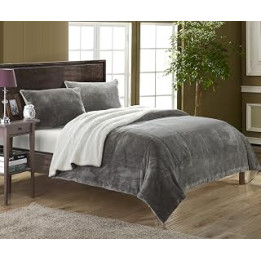 Chic Home 3 Piece Evie Microplush Mink-Like Super Soft Sherpa Lined Comforter Set, Queen, Grey