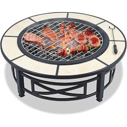 Metal Round Fire Pit With Bbq Grill & Cover - Outdoor Garden Stove Patio Heater/Charcoal Barbeque/Ice Pit, Smoke Grill Table