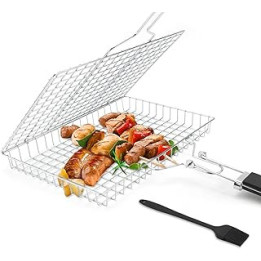 BBQ Grill Basket, Portable Grilling Basket, Stainless Steel BBQ Basket with Detachable Handle, Foldable Barbecue Grid for Fish