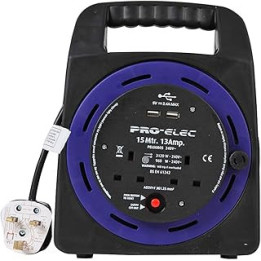 Pro Elec PEL00805 13A 2-Gang Handbag Reel mains Extension with 2x USB Charging Ports, 15 m