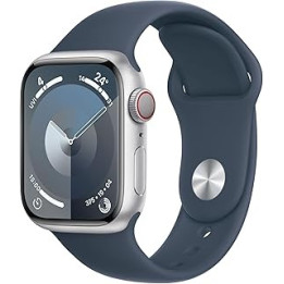 Apple Watch Series 9 [GPS + Cellular 41mm] Smartwatch with Silver Aluminum Case with Storm Blue Sport Band M/L. Fitness