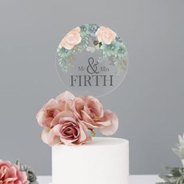 Wedding Cake Topper Blush Pink And Sage Green | Personalised Floral Design Acrylic Wedding Cake Topper | Elegant Wedding Cake