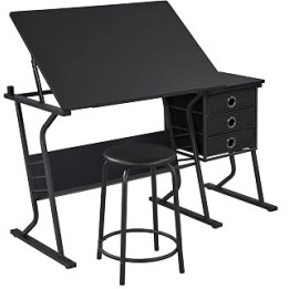 costoffs Drafting Table Drawing Table with Drawers & Stool Set for Artists, Adjustable Tilting Tabletop Crafting Table with
