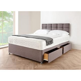 Grey Divan Double Bed Linen Look Fabric Divan Bed With 10” Memory Foam Mattress and Headboard 2 Free Storage Drawers ( 4ft6