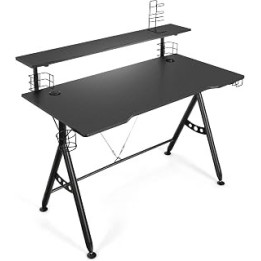 Multigot Computer Desk, 2-Tire Ergonomic PC Desk with Handle Rack, Cup Holder, Headphone Hook & Speaker Stand, Wooden Study