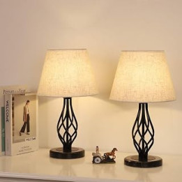 HAITRAL Bedside Table Lamps Set of 2, Modern Nightstand Lamp, Marble Base & Linen Fabric Shade for Bedroom, Living Room, Office