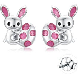 Easter Gift Rabbit Stud Earrings 925 Sterling Silver Hypoallergenic Pink Easter Egg Bunny Rabbit Earrings Cute Animal Rabbit