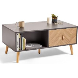 VonHaus Coffee Table for Living Room – Herringbone Tea Table with Storage - Grey & Wood Effect Centre Table - Scandi Nordic
