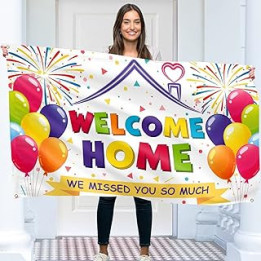 Welcome Home Banner - Welcome Back banner - Welcome Home decorations - 5ft x 3ft with picture of Welcome Home Balloon - Vivid