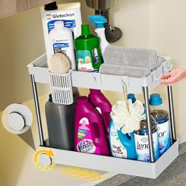 Waretary Under Sink Storage Kitchen Organiser, 2 Tier Slide Out Under Sink Organiser, Multi-Purpose Under Sink Cabinet Basket