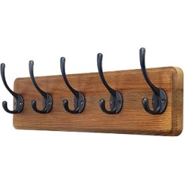SKOLOOFarmhouse Style Wall Mounted Coat Rack, Pine Solid Wood Coat Hook Hanger - 5 Hooks for Hanging Clothes Robes Towels Coats