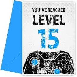 Gamer 15th Birthday Card for Boy - Black & Blue Reached Level 15 Bday Card for Son, Great Grandson, Nephew or Brother. Gaming