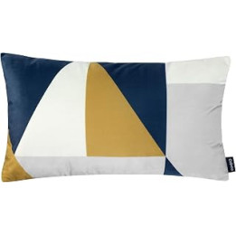 RHOOM Geometric Rectangle Cushion Cover in Mustard Yellow, Navy Blue and Grey - Decorative Home Velvet Scatter Pillow (30cm x