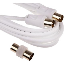 1.8m TV Aerial Cable Coax Cable 24k Gold Plated Male to Male (M-M) FREE Female to Female (F-F) Coupler Included White Antenna