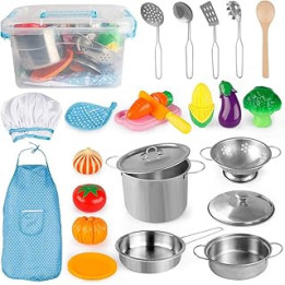 D-FantiX Pretend Play Toy Kitchen Accessories Pots and Pans Kids Kitchen Playset, Utensils, Apron and Chef Hat, Cutting