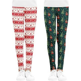 Little Girls 2Pack Christmas Leggings Kids Full Length Stretchable Lightweight Milk Silk Xmas Leggings Pants for 3-12Years