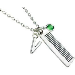 Personalised Comb Necklace, sterling silver or silver plated chain initial birthstone crystal hairdresser jewellery