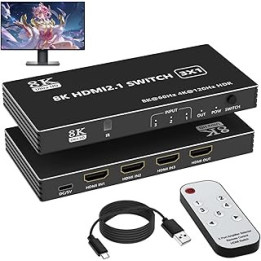 8K HDMI 2.1 Switch 3 In 1 Out, HDMI Switch Splitter 4K@120Hz/8K@60Hz with IR Remote, HDMI Switcher HDMI Selector for Xbox PS4