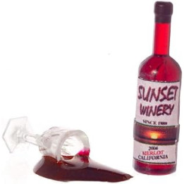 New Dolls House Miniature Pub Accessory Bottle & Glass of Spilled Wine 1019