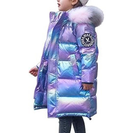 Kids Girls Hooded Shiny Down Jacket Winter Warm Casual Quilted Puffer Coat Outerwear with Faux Fur Collar