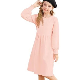 Girls Sweater Dress Knit Crew Neck Lantern Sleeve Solid Twirl Dresses Fall Winter Kintted Dresses for 6-12Years