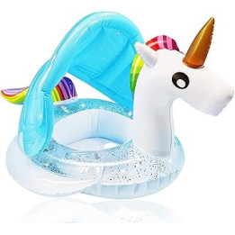 mciskin Unicorn Baby Swimming Pool Float with Canopy,Glitters Seat &Safety Handle,Summer Baby Floats for Pool, Inflatable Baby