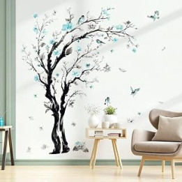 decalmile Blue Flower Tree Wall Decals Watercolor Blossom Floral Wall Stickers Bedroom Living Room Sofa TV Background Wall Decor