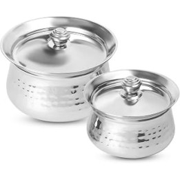 KSJONE Stainless Steel Biryani Handi Set | Premium Steel Hammered Finish Tope, Patila Handi | with Hammered Design, Tableware &