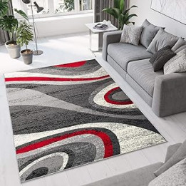 Tapiso Dream Area Rug Living Room Bedroom Short Pile Abstract Modern Waves Grey Red Durable Carpet Size - 80 x 150 cm (2ft7 x