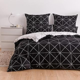 TCXZTYJH Grid Duvet Cover Set Black White Double Size Aesthetic Microfibre Bedding Set Checked Double Bed Duvet Covers Preppy