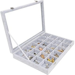 Belle Vous Grey Velvet Jewellery Organiser Display Case Storage Box with 24 Sections & Glass Lid Stackable Tray for Drawer -