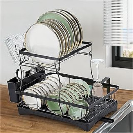 Yalixuan 2 Tier Dish Drainer Rack with Drip Tray, Detachable Dish Drying Rack Sink Drainer, Dish Rack Draining Board Rack